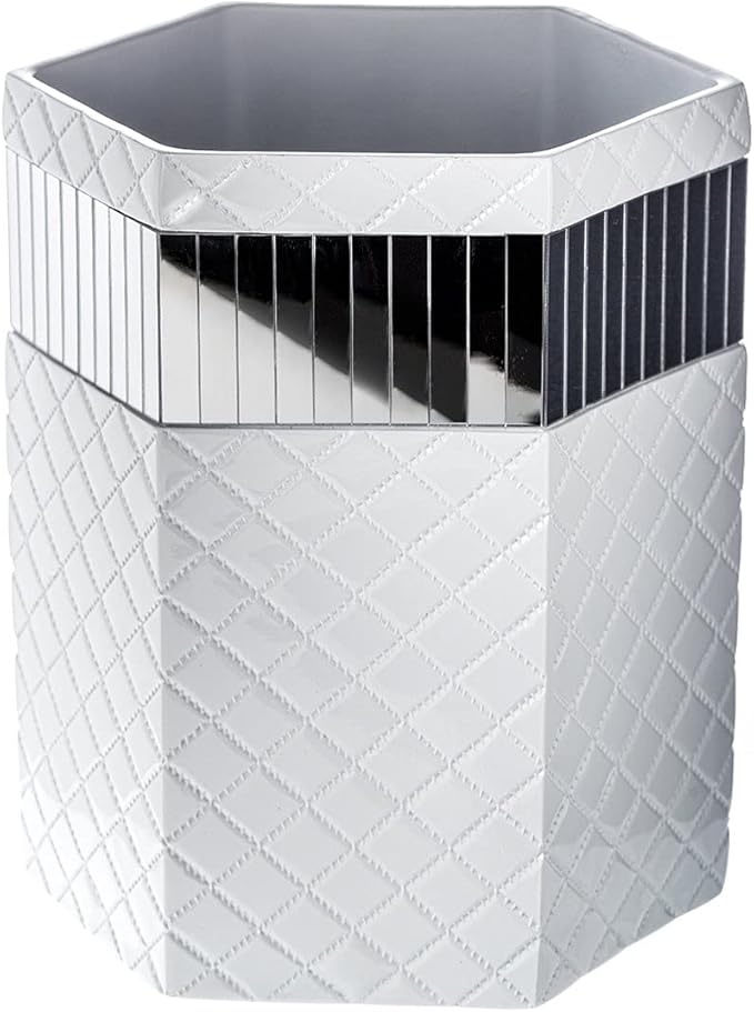 Creative Scents Quilted Mirror White Bathroom Accessories Set - Decorative 6 Piece Bathroom Set Includes: Trash Can, Tissue Box Cover, Soap Dispenser, Toothbrush Holder, Tumbler & Soap Dish