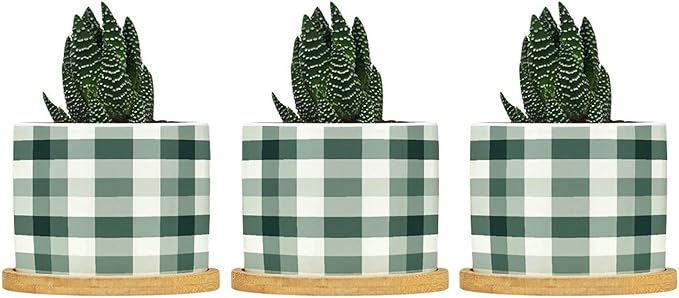 Sage Green Buffalo Plaid Planter Ceramic Green Buffalo Check Round Plant Pot with Drainage Holes and Bamboo Tray Pot for Outdoor Garden Home Plant