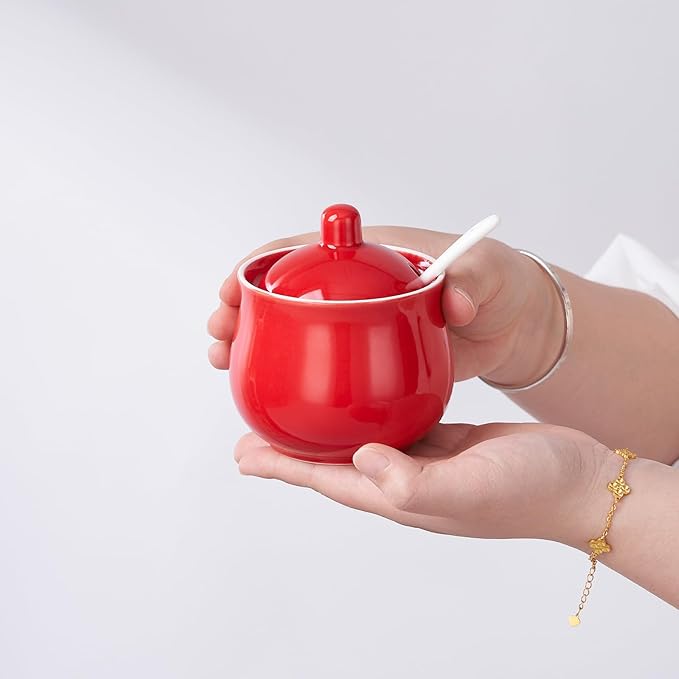 Ceramic Sugar Bowl with Lid and Spoon, Red Porcelain Sugar Salt Pepper Storage Jar, 7 Ounces