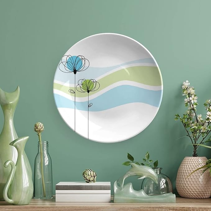 10 Inch Decorative Plate, Doodle Ceramic Plate, Summer Flowers with Cute Colors and Wave Backgorund Print Ceramic Wall Hanging for Fine Dining For Upscale Events, Dinner Parties, Weddings, Catering