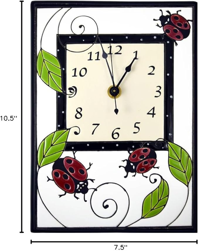 Modern Artisans Ladybug Trio Motif Ceramic Wall Clock, 7.5" x 10.5" Black and White