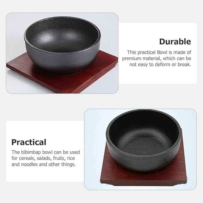 Lurrose Cast Iron Bibimbap Rice Bowl with Wooden Tray 15cm Korean Stone Pot for Induction Cooker Daily Use Japanese Cuisine Serving Bowl