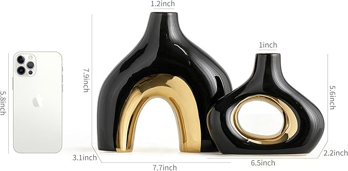 Modern Ceramic Donut Vase: Set of 2 -Minimalist Nordic Black and Gold Hollow Vase Home Decor for Kitchen Dining Table Centerpieces Living Room Bederoom Entryway Weddin