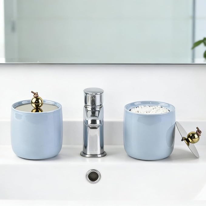 2 Pack Ceramic Qtip Holder Dispenser with Gold Lids, Blue Apothecary Jars Bathroom Vanity Organizer for Home Decor Bathroom Canister for Cotton Swabs, Rounds, Balls, Makeup Sponges, Bath Salts