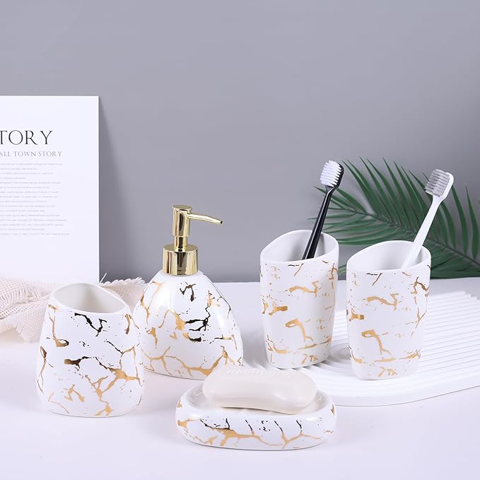 Ceramics White Bathroom Accessories Set,Gold Marble Look Bathroom Decor,Modern 6 Piece Bathroom Accessory Set,Complete with Soap Dispenser,Toothbrush Holder,Tumbler,Tray Countertop