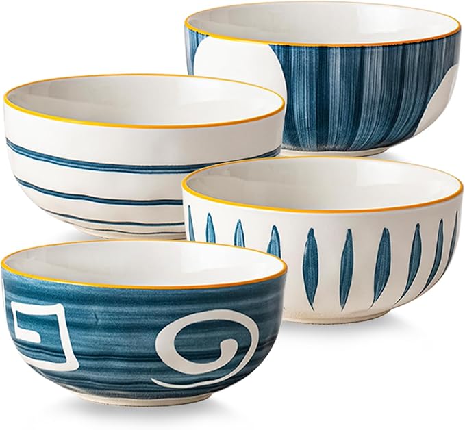 Yeacccng Japandi Cereal Bowls Set of 4, 6 Inch 27 Oz Blue Striped Ceramic Soup Bowls, Lead-Free Cadmium-Free, Dishwasher Microwave Oven Safe, Scratch-Resistant Serving Bowls