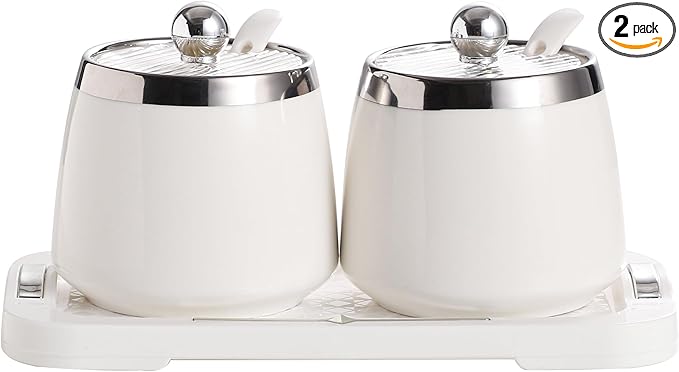 shuqiao Porcelain Condiment Jar Spice Container with Lid - Ceramic Spoon, Plastic Tray is the best clay pot for your home, kitchen, counter. White, 280 ml (9.4 oz), 2-piece set (3, Square)