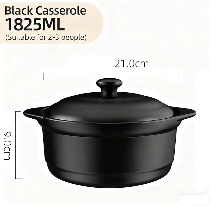 Ceramic Pot with Lid, Heat-Resistant Clay Pot for Cooking, Korean Stone Pot for Soup, Bibimbap, and Stew, 1.9 Quart,1.8L,Black