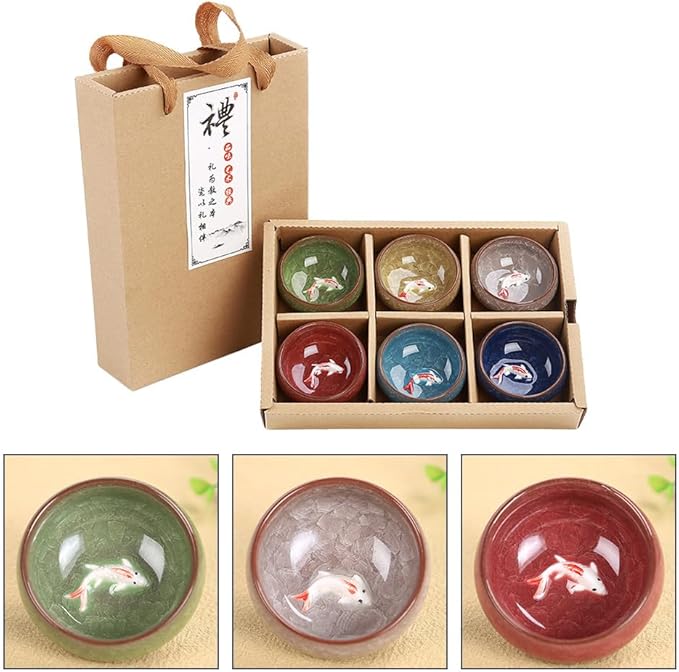 Hemoton Ice Cracked Fish Mini Tea Cup Set of 6 Porcelain Small Cups for Chinese Tea Ceremony Asian Kung Fu Matcha Coffee and Wine Tableware for Home and Party
