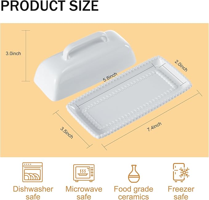 White Ceramic Butter Dish with Lid-Vintage Pearl Embossed Edge & Large Arc Handle-Keeps Butter Fresh on Countertop or in Fridge-Dishwasher & Microwave Safe