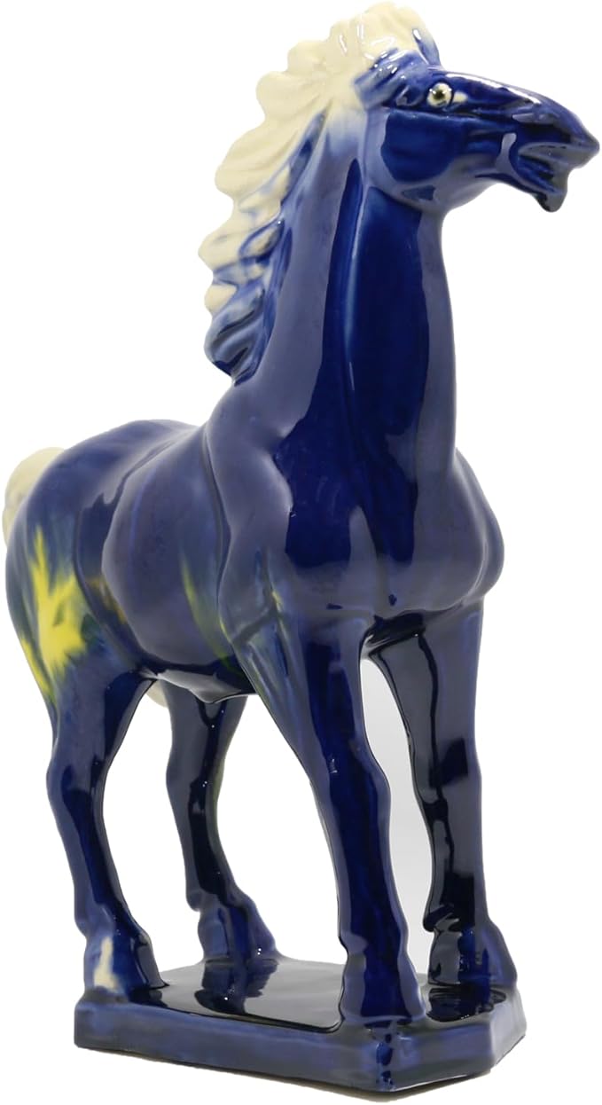 Handmade Chinese Ceramic Horse Sculpture - 9 Inch Tang Dynasty Tri-Color Porcelain Figurine, Museum Quality Home Office Desk Decor, Authentic Cultural Art Piece - Symbol of Strength & Success (Blue)
