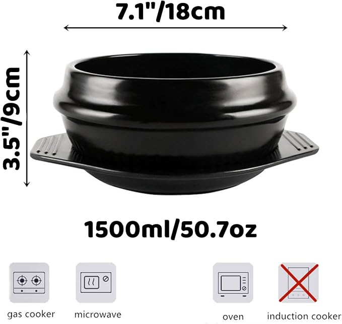 XICHENGSHIDAI Dolsot Bibimbap Earthenware Stone Bowl, Korean Cooking Soup Ceramic Pot, Donabe Pot for Ttukbaegi and Korean Stew with Tray 1500ml / 57.2oz
