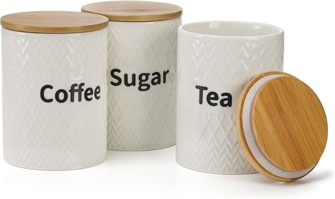 Peohud 3 Pack Ceramic Kitchen Canister Set, 29oz Airtight Food Storage Jars with Bamboo Lids, Tea Coffee Sugar Container Set for Counter, Kitchen Decor