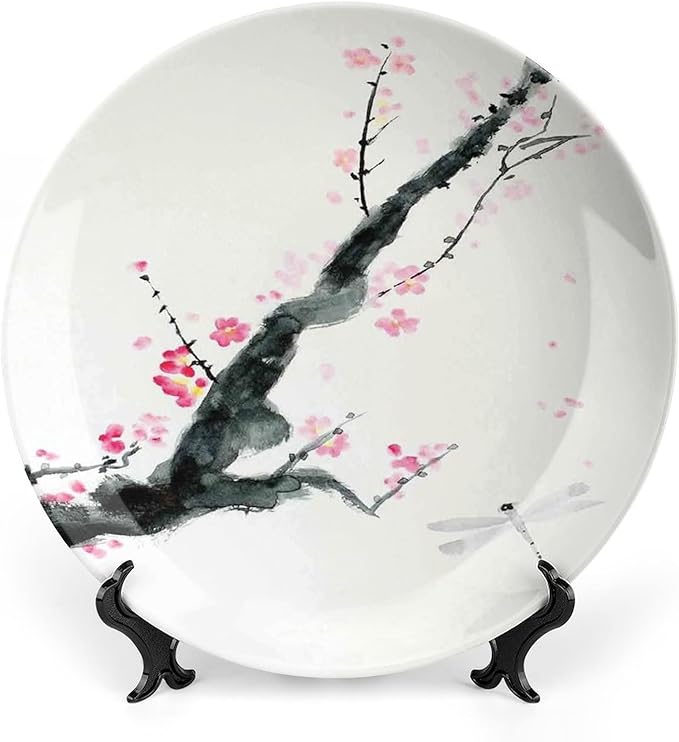 XISUNYA 7 Inch Decorative Plate, Dragonfly Ceramic Stoneware, Branch of Pink Cherry Blossom Sakura Tree Bud and Dragonfly Print Ceramic Wall Hanging for Home & Office Wall Hanging Decor