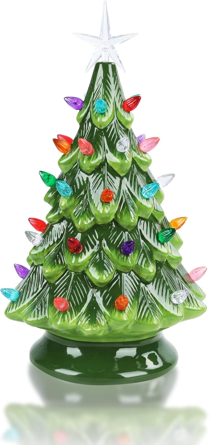 VCUTEKA Small Ceramic Christmas Tree Hand-Painted Vintage Tabletop Green Christmas Tree Holiday Decoration with Multi-Color Lights 12.2 inch