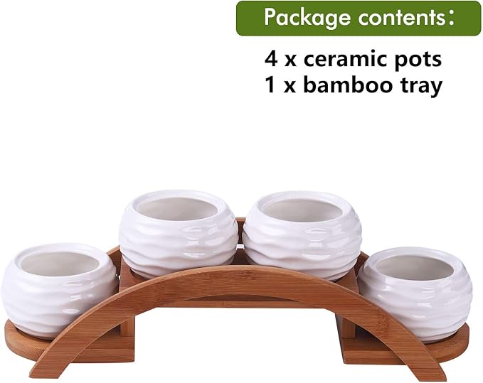 E-liu Succulent Pots and Stand Set, Ceramic White Succulent Planter Pot with Drainage, Pack of 4, Cute Office Garden Indoor Decoration, Plants Not Included
