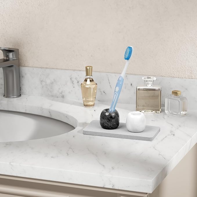Toothbrush Holders, Marble Toothbrush Holder with Diatomaceous Earth Tray for Bathroom Countertop, Small Toothbrush and Toothpaste Holder Set with A Travel Bag (Black & White Set)