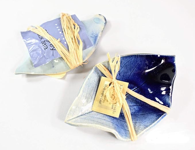 Earthen Vessels Pottery, Handmade, Hydrangea Leaf, Tea Bag Holder, Teaspoon Rest or Ring Dish, Set of 3 in Starry Night Blue