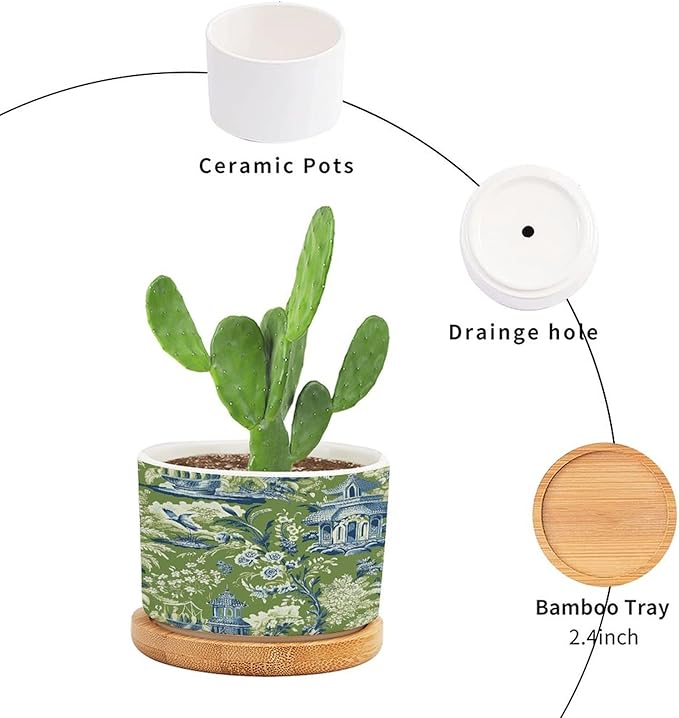 Planters Ceramic Turquoise Green Chinoiserie Floral and Bird Pots With Drainage Holes - Round Flowerpot With Bamboo Tray for Succulent and Little Snake Plants - Gift for Nana Grandma