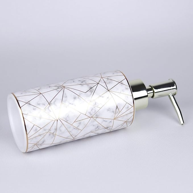 Bathroom Soap Dispenser Ceramic with Marble Pattern & Gold Thread Decoration - Refillable Liquid Soap Bottle for Bathroom, Dish Soap Dispenser for Kitchen (10oz, White)