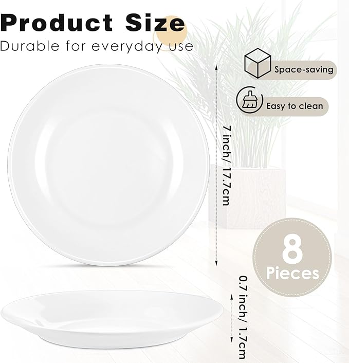 Ceramic Dinner Plates Set of 8, 7 inch White Salad Plates, Porcelain Dessert Plate,Small Appetizer Plate for Cake Snacks Fruit,Microwave Oven and Dishwasher Safe