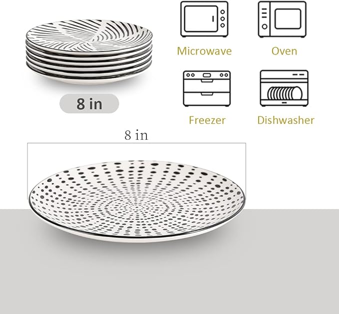 Ceramic Dessert Plates 8 Inch - Salad Appetizer Plate Set of 6 - Modern Japanese Style - Dishwasher and Microwave Safe - Black and White