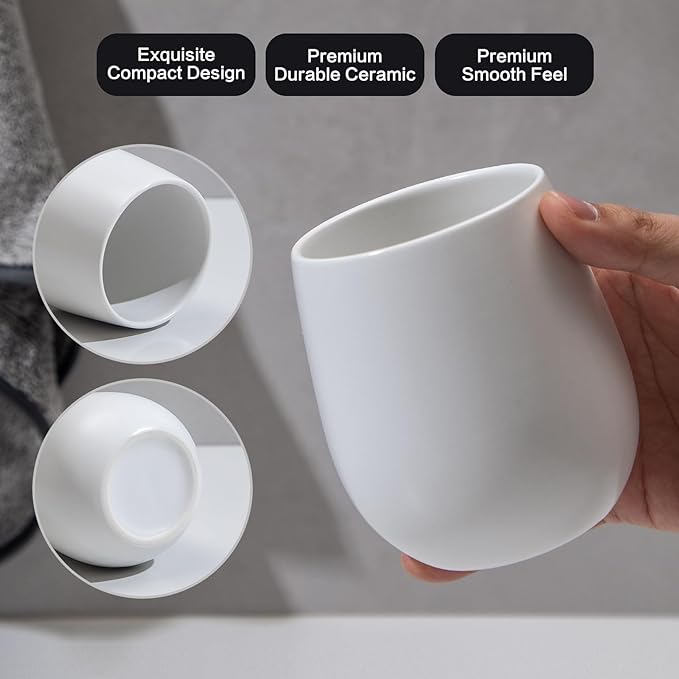 White Ceramic Toothbrush Holder - 11Oz Small Bathroom Tooth Brushing Holders, Reusable Mouthwash Cup, Toothpaste Holder, Makeup Brush Holder, Pen Holder for Bathroom Countertop, 1PC