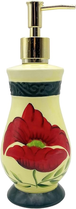 ACK Tuscany Floral Poppy Hand Painted Ceramic Collection Refillable Soap Dispenser, Lotion Jar, Kitchen Décor, Bathroom Décor