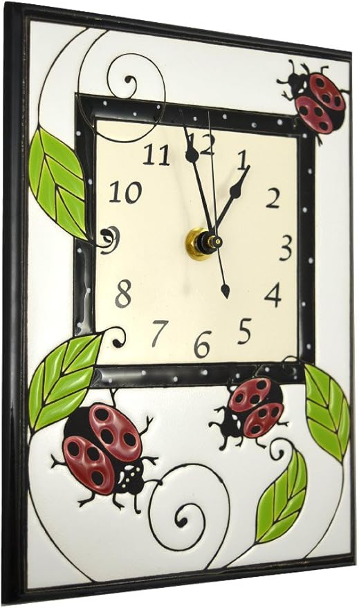 Modern Artisans Ladybug Trio Motif Ceramic Wall Clock, 7.5" x 10.5" Black and White