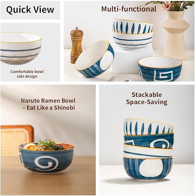 Yeacccng Japandi Cereal Bowls Set of 4, 6 Inch 27 Oz Blue Striped Ceramic Soup Bowls, Lead-Free Cadmium-Free, Dishwasher Microwave Oven Safe, Scratch-Resistant Serving Bowls