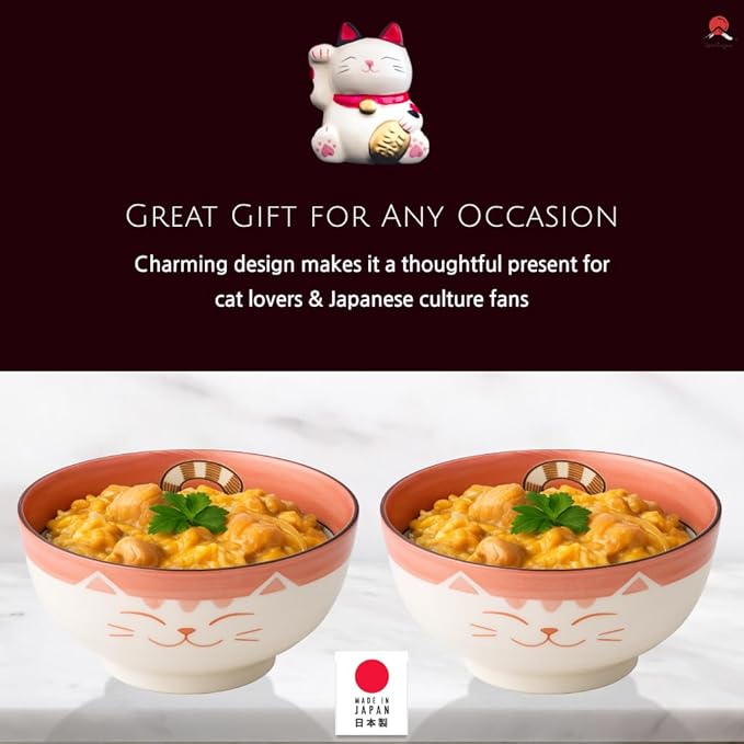 JapanBargain 2483, Japanese Porcelain Ramen and Soup Bowl Set, Maneki Neko Smiling Cat Pattern, 5-Inch, Pink, Made in Japan (Set of 4)