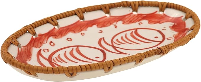 Rattan Ceramic Tray, Oval Fruit/Bread/Cookie/Jewelry Small Storage Porcelain Serving Plate, Vintage Decorative Display Plate for Coffee Table Home Decor Wedding Party Gift (Red Fish)