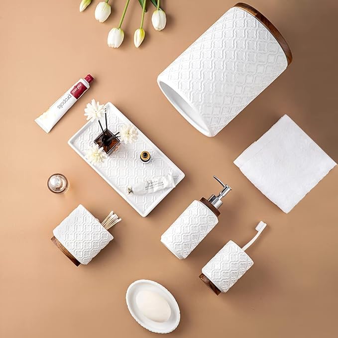 Elegant 6 PCS Ceramic&Wood Bathroom Accessories Set:Soap Dispenser,Toothbrush Holder,Tumbler,Soap Dish,Tray,Trash Can,Easy to Clean,Quatrefoil Pattern,White-Affordable Home Luxury