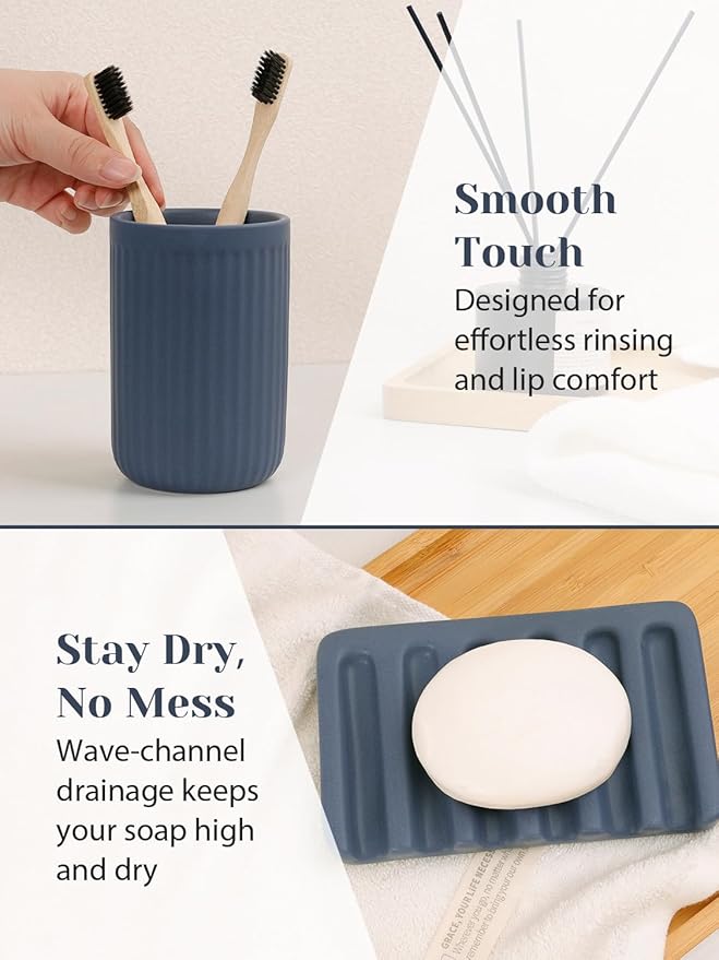 INGOFIN 4 Pcs Ceramic Bathroom Accessory Set - Liquid Soap Dispenser, Toothbrush Holder,Contain Cotton Swab Jar & Soap Dish,Countertop Accessories for Home, Guest Bathroom, Office, Matte Blue
