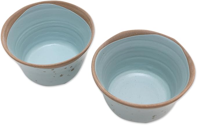 NOVICA Artisan Handmade Ceramic Dessert Bowls in Java Pair Blue Indonesia Tableware Dinnerware Rustic [ 3.1in H x 5in Diam. 8 Oz.] ' Blue Bell' Pair