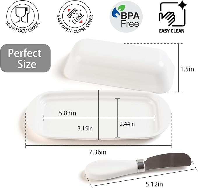 BPA-Free Melamine Butter Dish with Lid & Stainless Steel Knife - Farmhouse Butter Keeper for Countertop & Refrigerator, Dishwasher Safe, Holds 1 Stick with East & West Coast Butter-White