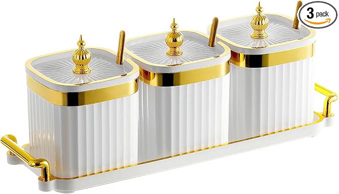 3 Pack Gold Condiment Spice Jars with Lids, Spoons, Tray - Plastic Seasoning Box Set for Salt, Pepper, Sugar - Kitchen Storage