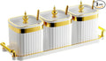 3 Pack Gold Condiment Spice Jars with Lids, Spoons, Tray - Plastic Seasoning Box Set for Salt, Pepper, Sugar - Kitchen Storage