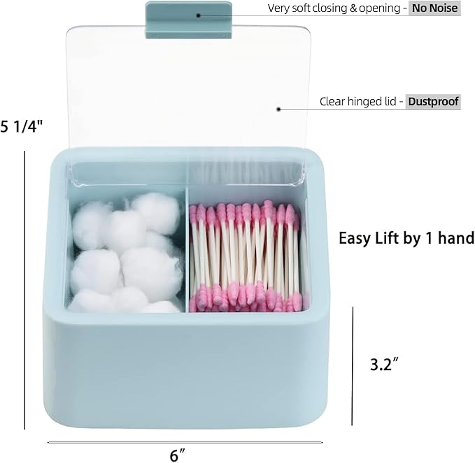 Tecbeauty Large Qtips Holder - 2 Grids Cotton Swabs Dispenser Bathroom Organizer Cotton Balls, Pads Storage Canisters, Hinged Lids, Blue