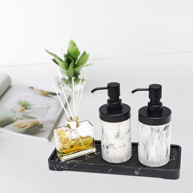 2-Pack White Marble Style Resin Soap Dispenser Set for Bathroom Countertop&Kitchen Sink Decor, Large-Openning Liquid Bottles with Matte Black Pumps Easy Refil-10 oz,Elegant and Solid Design