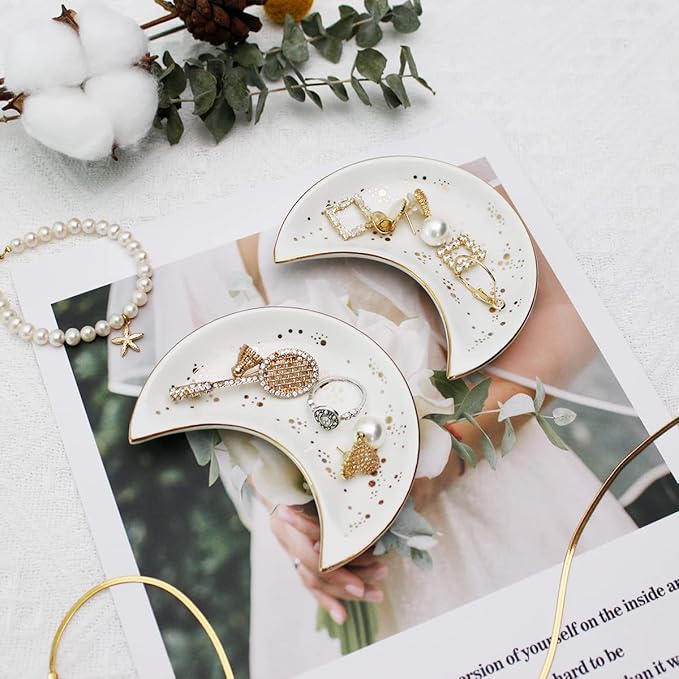 Soddeph Small Moon Ceramic Jewelry Tray, Decorative Trinket Dish, Ring Holder Plate, Modern Accent Tray for Bathroom, Nightstand, Entryway Table, Vanity (2, White)