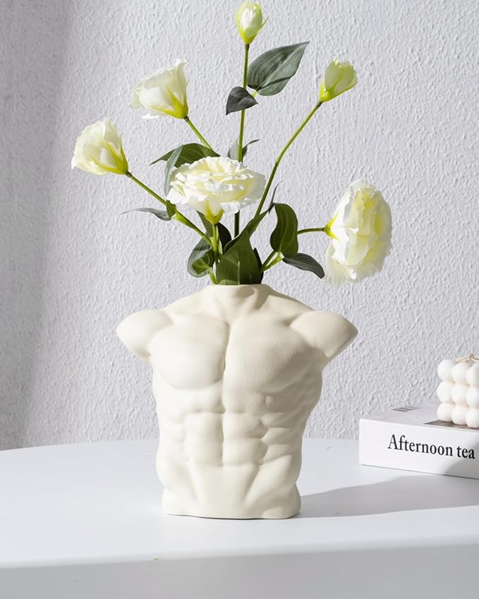 Body Art Vase, Classical Sculpture Statue for Bookshelf Shelf Decoration, Nordic Modern Ceramic Flower Vase for Home Decor, Table Centerpiece, Living Room, Office, Entryway, Console（Cream）