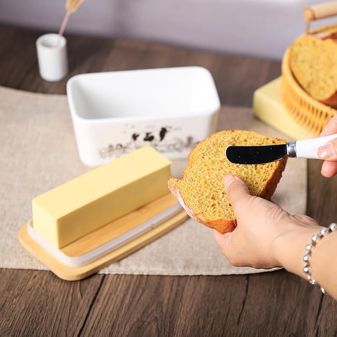 WAIT FLY Cow Ceramic Butter Dish with Bamboo Lid and Knife, 2 Sticks Butter Dish Butter Container Keeper for Kitchen Countertop, Home Decorative-Cow