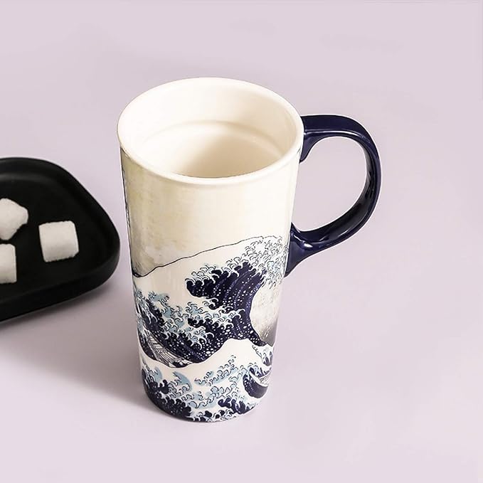 Topadorn Ceramic Coffee Mug with Lid and Handle Ceramic Travel Mug Porcelain Latte Teacup in Color Box 17 Oz, Splash Resistant Lid - To Go Tumbler for Car Cup Holder, Wave Art Mug