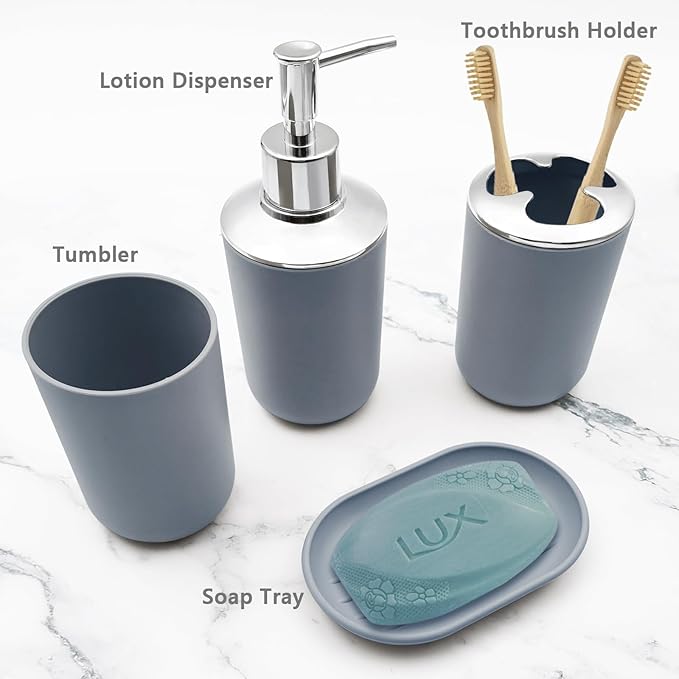 Bathroom Accessory Set, 4 pcs Shatter-Resistant Resin Bathroom Accessories Set Include Lotion Soap Dispenser Toothbrush Holder Soap Dish Modern Bathroom Decor, Gift for Home (Grey 4pcs)