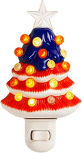 4th of July Patriotic Ceramic Christmas Tree Night Light, 6-Inch Plug-in Vintage Holiday Lamp with 28 Red White Blue Lights, 360° Rotating UL Plug, Warm Glow & Bulb Included (USA Flag)