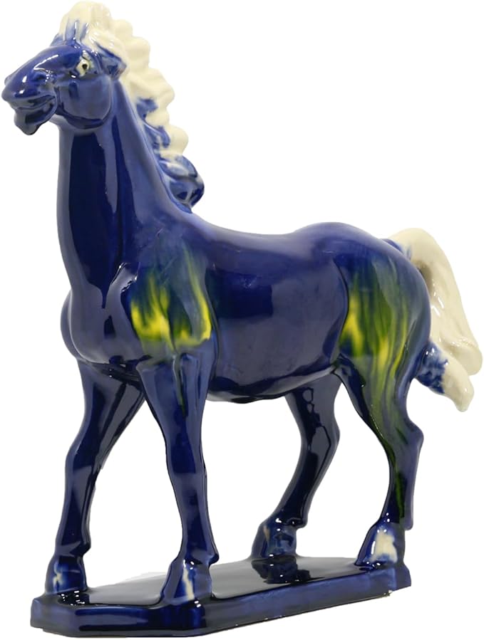 Handmade Chinese Ceramic Horse Sculpture - 9 Inch Tang Dynasty Tri-Color Porcelain Figurine, Museum Quality Home Office Desk Decor, Authentic Cultural Art Piece - Symbol of Strength & Success (Blue)