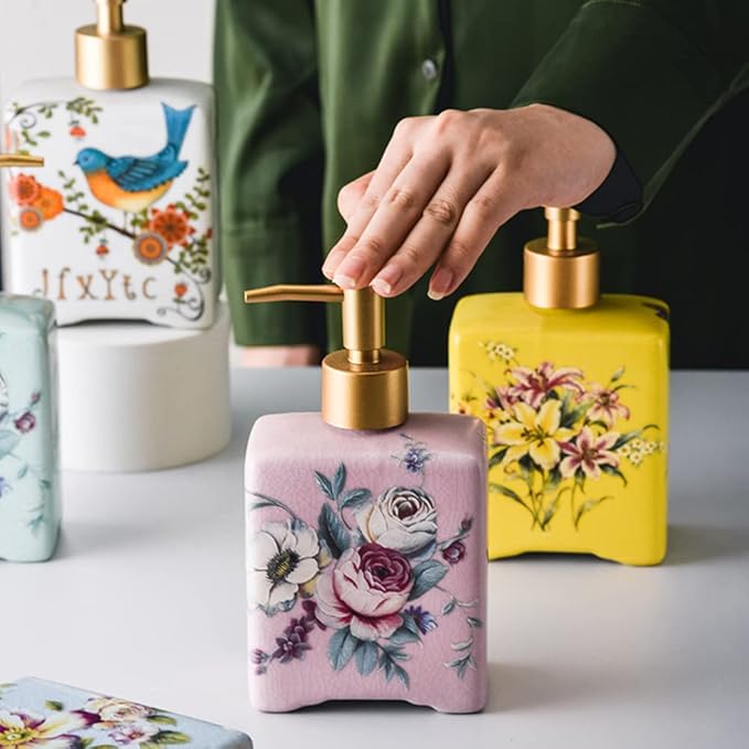 WAYUTO 12 Oz Vintage Ceramic Liquid Soap Dispenser Lotion Pump Bottle for Kitchen Countertop Bathroom Decorative Antique Floral Porcelain Hand Soap Dispenser White Magpie