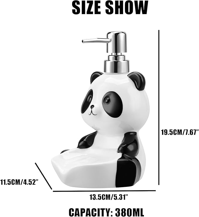 Ceramic Soap Dispenser 12 Oz Cute Panda Shape Lotion Hand Pump Dispensers with Soap Holder for Bathroom Kitchen