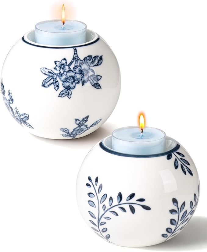 Ceramic Tealight Candle Holder, Chinoiserie Candlestick Holder for Taper Candle, Blue and White Decor, Flowers and Branches/Leaf, Set of 2